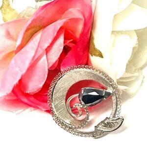 Vintage Sorrento Sterling Silver Black Faceted Rhinestone Brooch